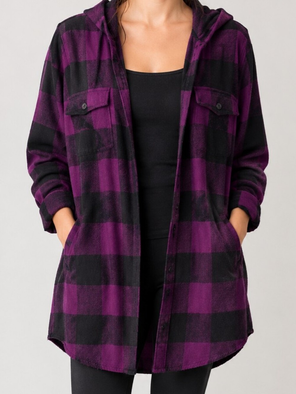 Women's Hooded Buffalo Plaid Button-Down Shacket - Purple/Black
